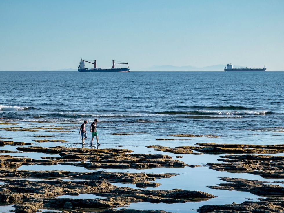 Two children walking across shallow coastal rocks with cargo ships on the horizon
